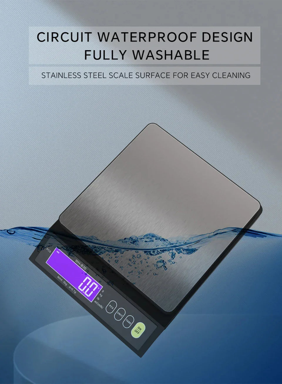 5kg/0.1g and 10kg/1g Digital Electronic Kitchen Scale, LCD Display, Fully Waterproof Stainless Steel Weighing Tool for Baking