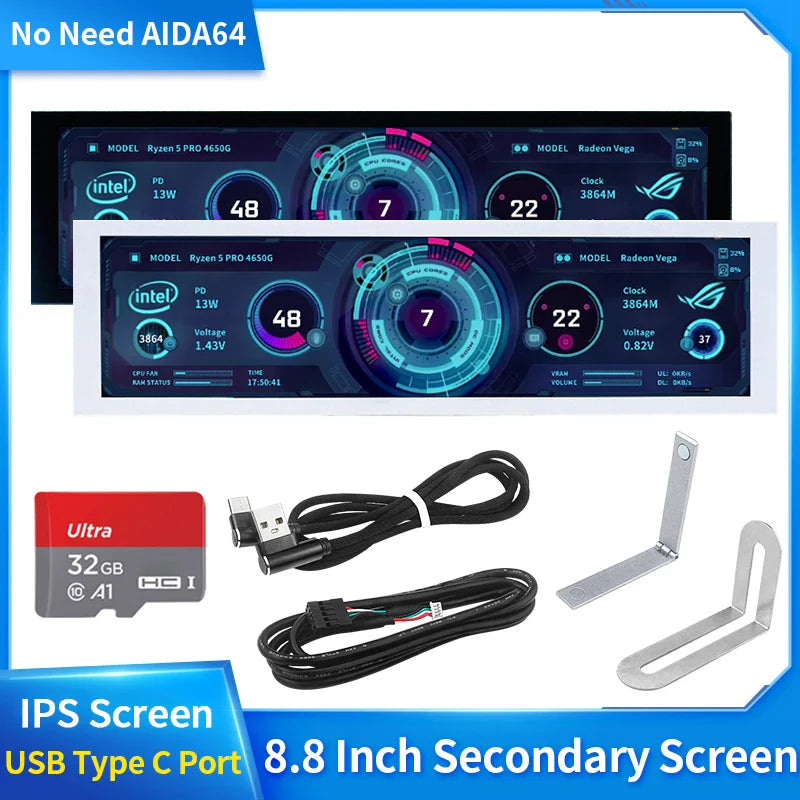 8.8 Inch IPS Type C Secondary Screen – USB-C Interface CPU, GPU, RAM Display, No Need for AIDA64 Monitoring