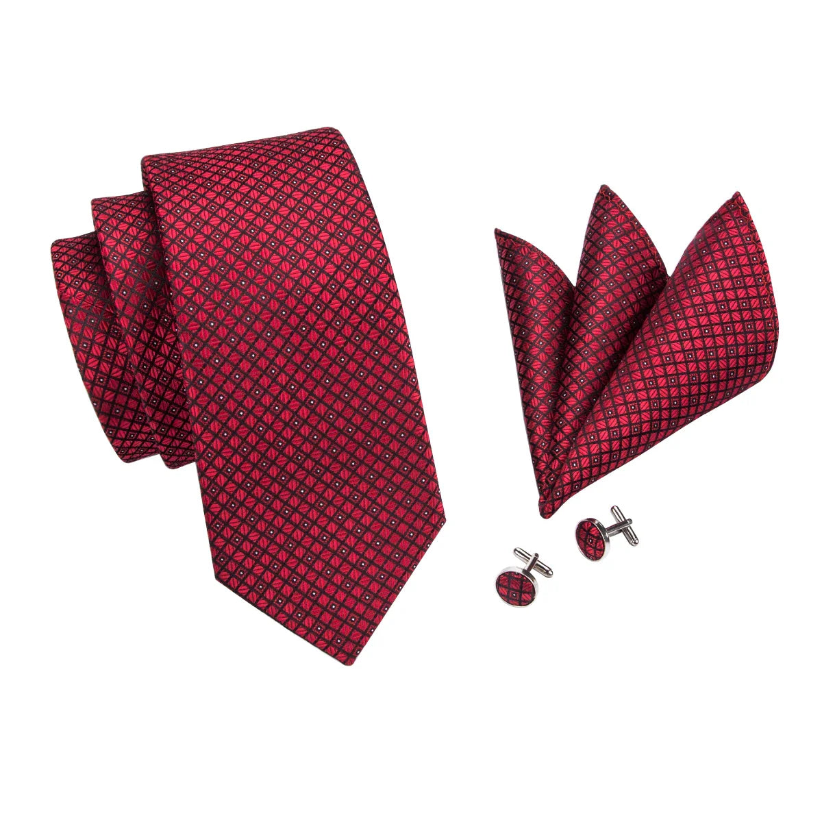 Hi-Tie Red Burgundy Plaid Silk Tie Set — Designer Men’s Necktie with Handkerchief & Cufflinks for Wedding or Business