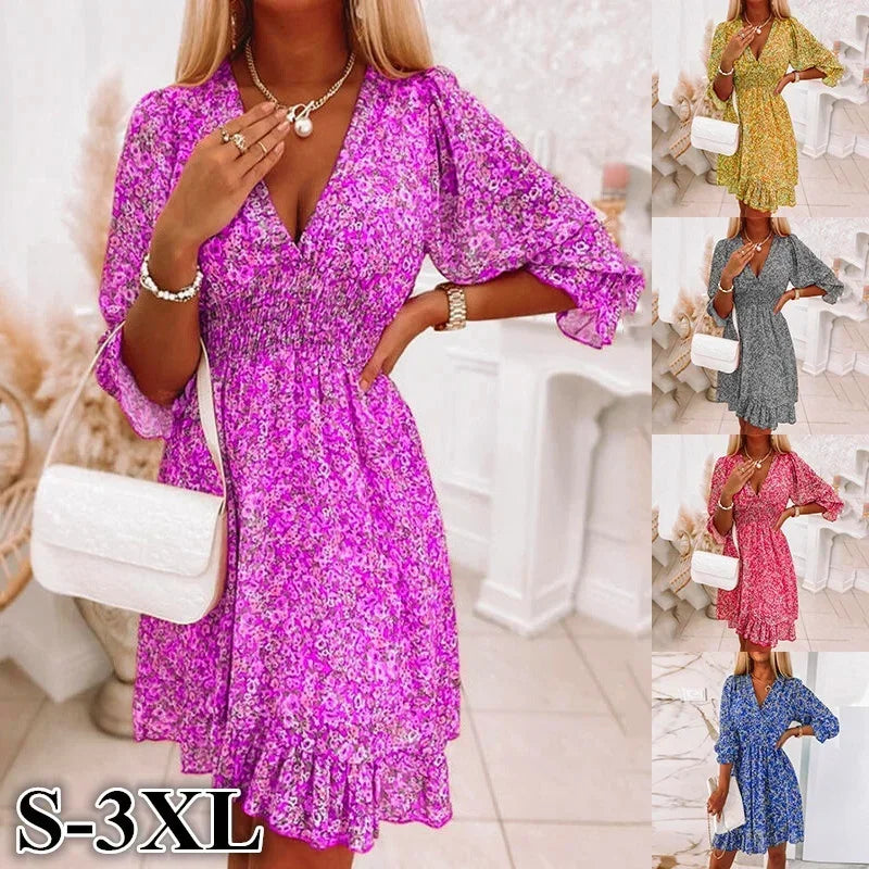Women’s Summer Floral Midi Dress - Casual Bohemian Printed Short Sleeve Waist-Fitted Pullover Dress