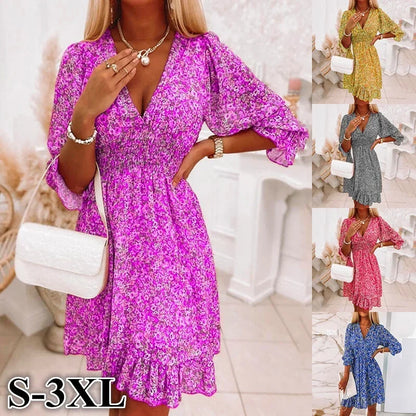 Women’s Summer Floral Midi Dress - Casual Bohemian Printed Short Sleeve Waist-Fitted Pullover Dress
