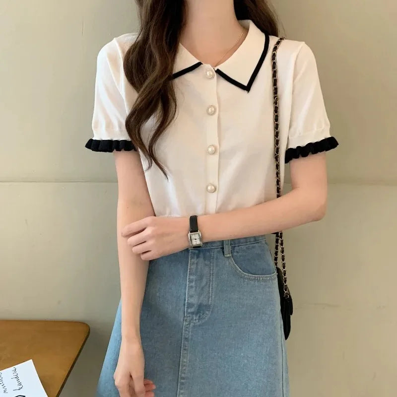 Women’s Summer Knitted Blouse — Chic Retro Slim Short Sleeve Crop Top, All-Match Style