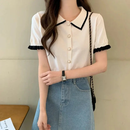 Women’s Summer Knitted Blouse — Chic Retro Slim Short Sleeve Crop Top, All-Match Style