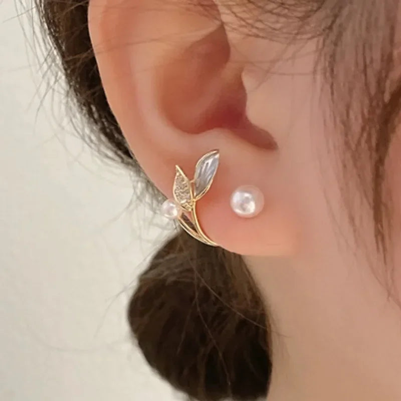 Korean Vintage Pearl & Crystal Earrings for Women — Luxury Zircon Flower, Butterfly & Leaf Stud Jewelry