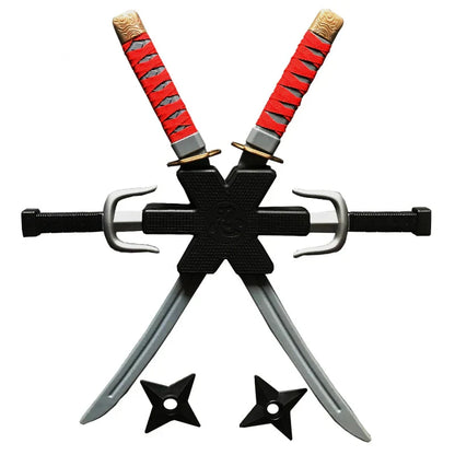 New 56cm Halloween Samurai Ninja Knife Set – 7-Piece Retro Plastic Daggers, Deadpool Cosplay Double Sword Props for Costumes and Toys