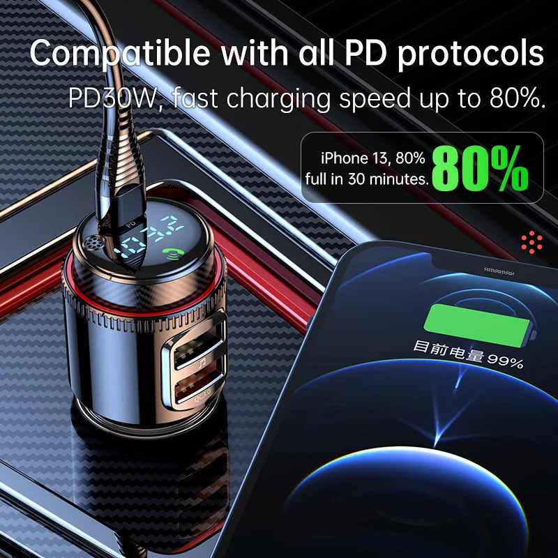 VR Robot PD30W+QC 3.0 Bluetooth 5.4 Car FM Transmitter – Wireless MP3 Player Handsfree Adapter with USB Fast Charging & U Disk Support