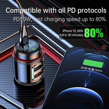 VR Robot PD30W+QC 3.0 Bluetooth 5.4 Car FM Transmitter – Wireless MP3 Player Handsfree Adapter with USB Fast Charging & U Disk Support