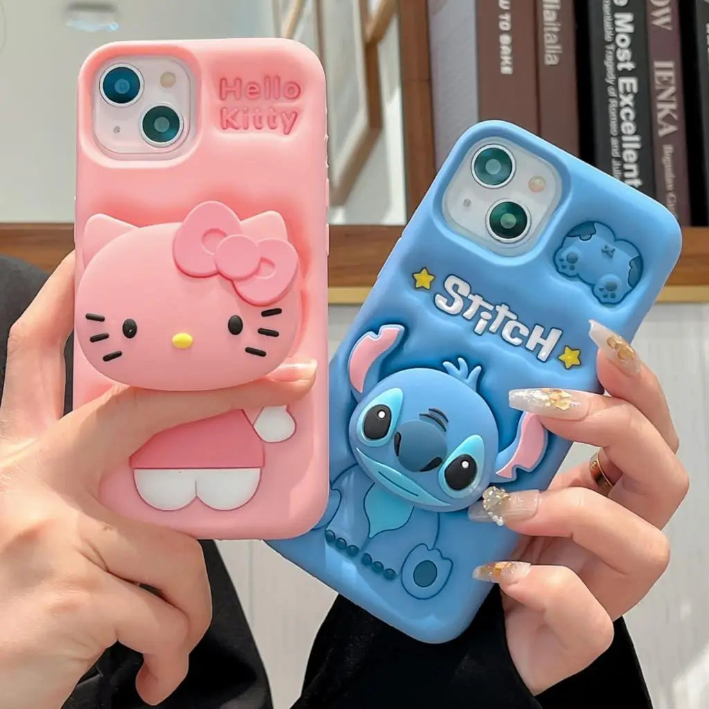3D Kitty Face Phone Case — Soft Silicone Cartoon Grip Tok Holder for iPhone 11-16 Pro Max