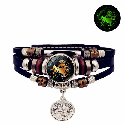 Luminous 12 Constellation Vintage Bracelet - Braided Punk Leather Glow-in-the-Dark for Men & Women, Birthday Gift