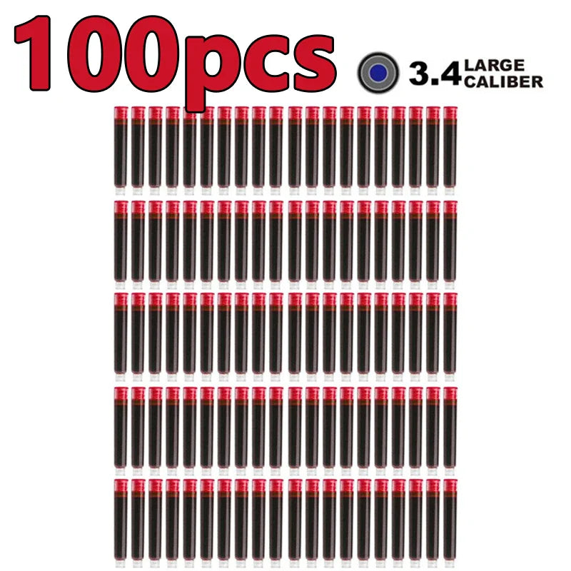 50/100pcs Fountain Pen Ink Cartridges – Black, Blue & Red Refill Set (2.6/3.4mm Bore) High-Quality