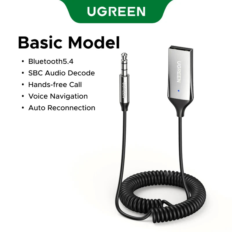 UGREEN Bluetooth 6.0/5.4 AUX Adapter – 3.5mm Handsfree Car Receiver with Mic for Music, Navigation & Wireless Call Streaming
