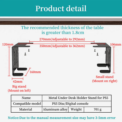 Under Desk Holder Stand for PS5 Console – Stealth Horizontal Mount Bracket for Disc & Digital Versions, Fast Delivery