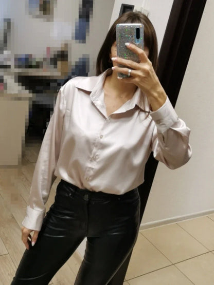Elegant Satin Women’s Shirt — Loose Vintage Blouse with Turn-Down Collar for Spring & Autumn