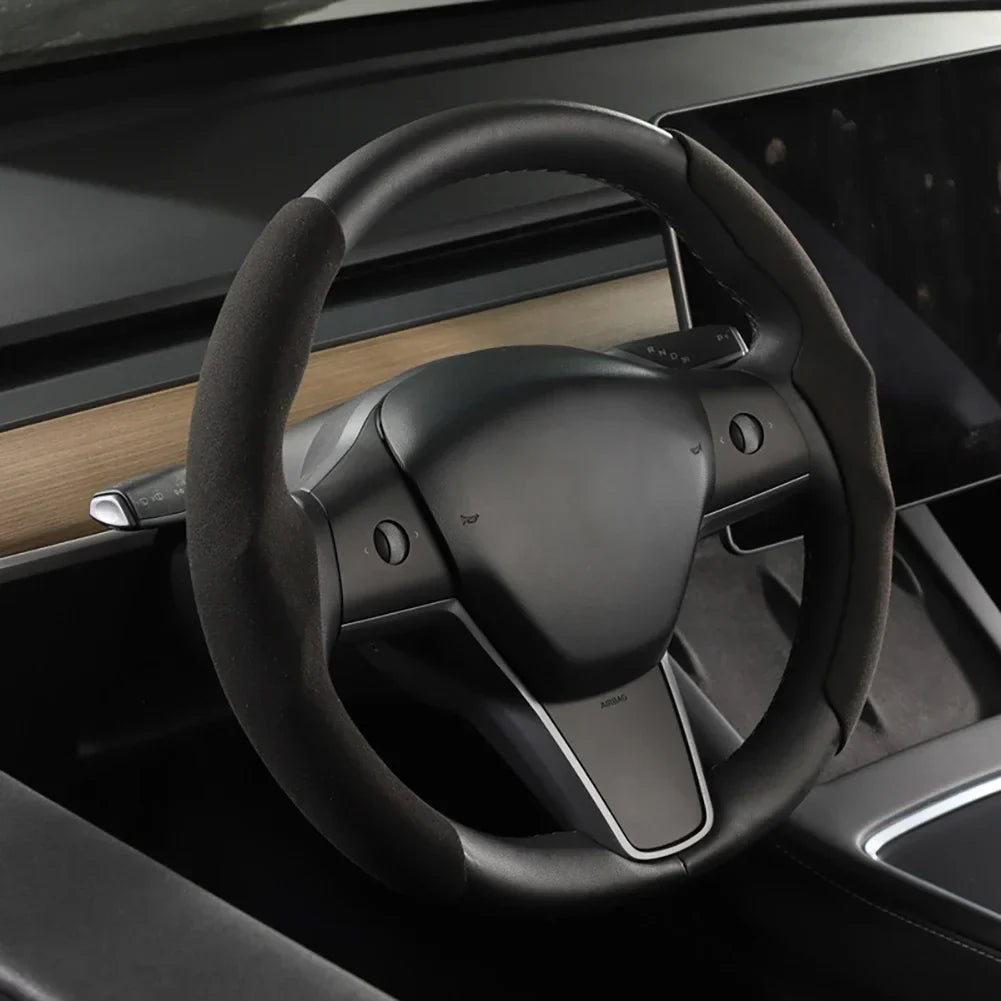 Tesla Steering Wheel Cover for Model 3/Y – Ultra-Thin Suede & Carbon Fiber, Sweat-Absorbing Car Accessory