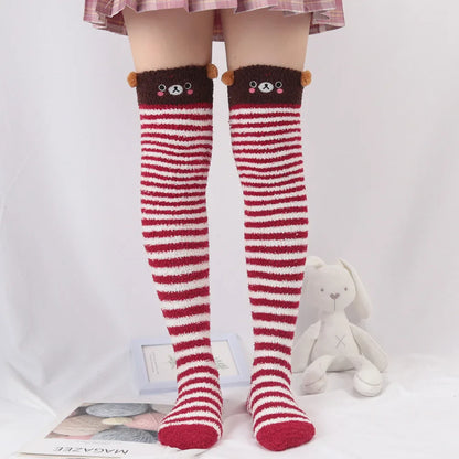 Japanese Girl Animal Knee Socks – Cute Striped Compression Thigh-High Warm Socks for Autumn & Winter