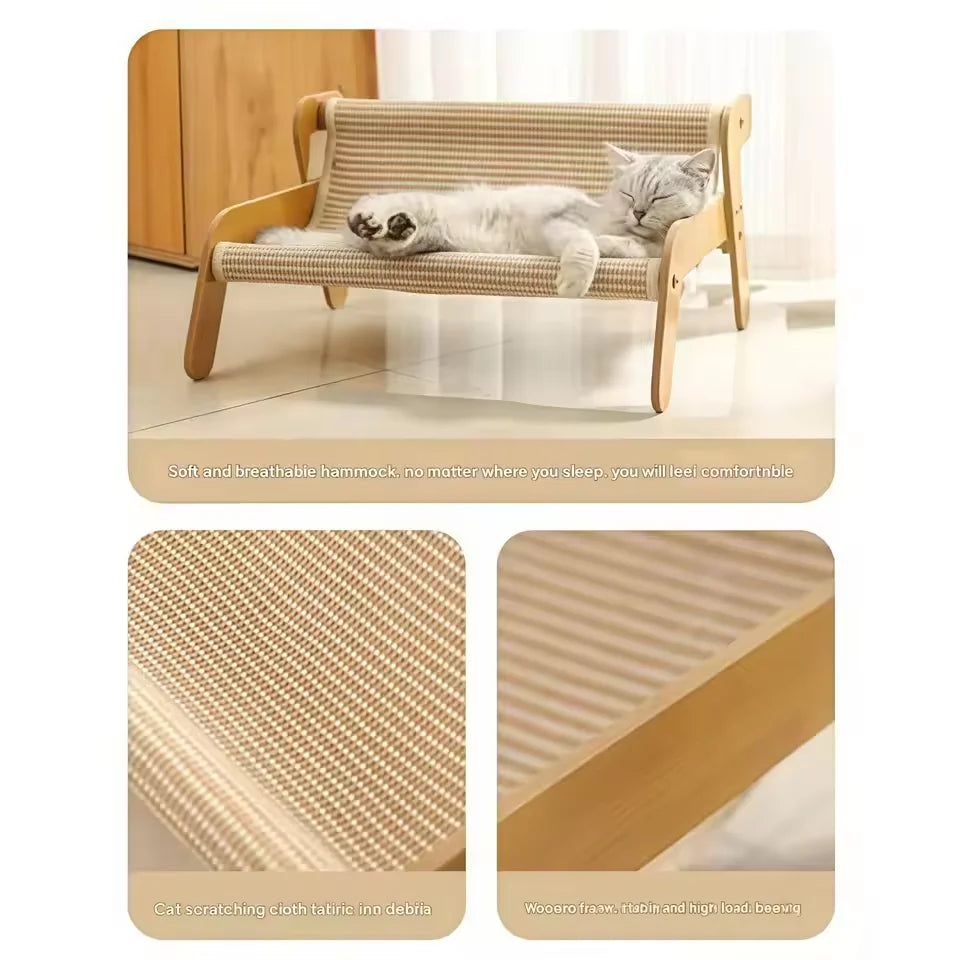 Large Sisal Cat Scratcher Lounge Bed – 2-in-1 Off-Ground Wooden Frame Cat Hammock, Breathable Scratch & Rest Sofa for Cats