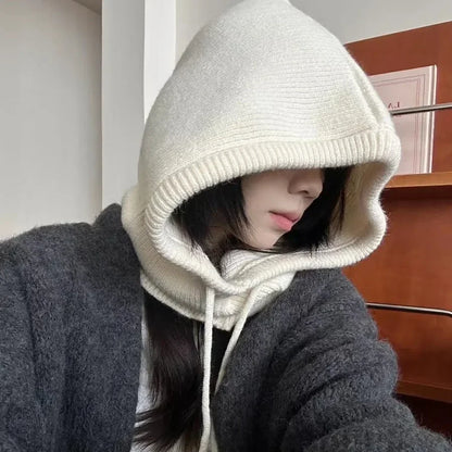 Winter Knitted Hooded Balaclava Hats for Women – Korean Style Outdoor Warmer Beanie with Drawstring Neck Collar