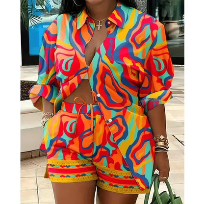Women’s Colorful Striped Two-Piece Set – Casual Summer Button-Up Long Sleeve Shirt & Shorts Outfit
