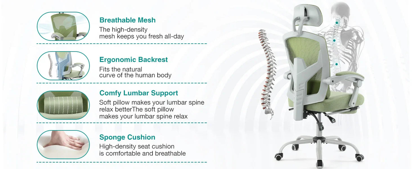 Ergonomic Reclining High Back Mesh Chair - Rocking Gaming & Computer Desk Chair with Lumbar Support Pillow and Swivel Rolling Base