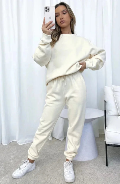 Women’s Casual Long Sleeve Sweatshirt & Pants Set – Solid Color Pullover Trousers, Round Neck Autumn Winter Outfit