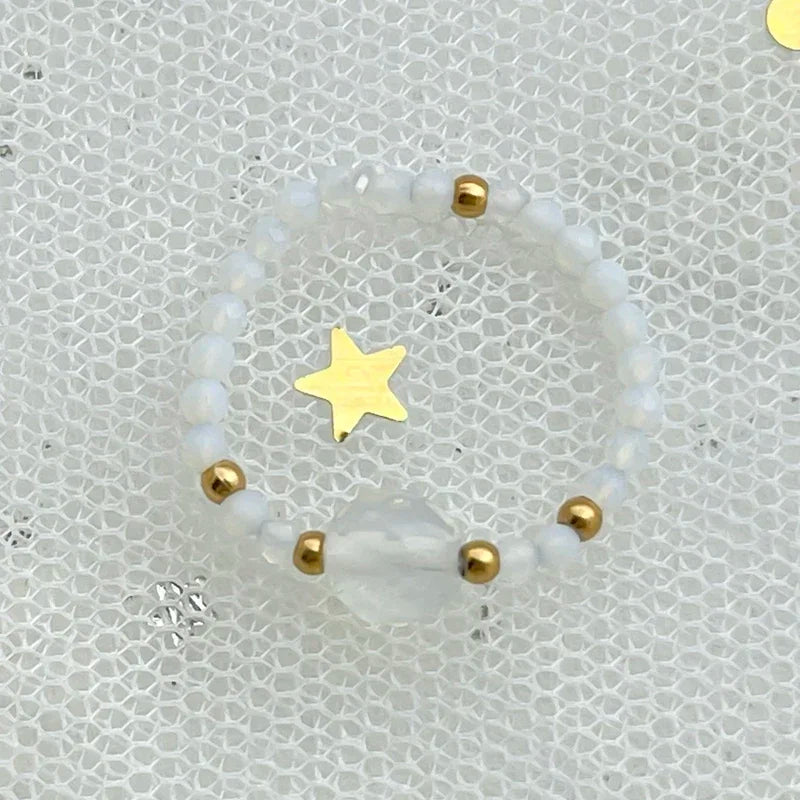 Natural Stone Beaded Rings for Women – Crystal Stainless Steel Elastic Handmade Fashion Ring Jewelry for Wedding & Party Wear
