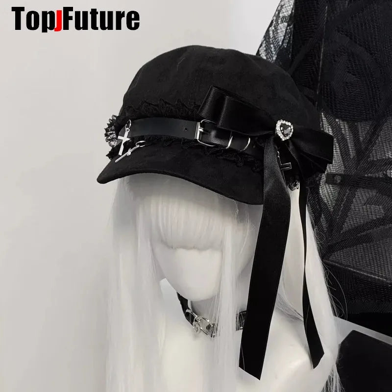 Custom Harajuku Gothic Lolita Beret Hat – Y2K Punk Lace Bow Cap for Women, Handmade Decorative Sun Hat