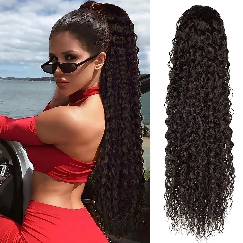 24" Long Curly Wave Drawstring Ponytail Extension – Heat Resistant Synthetic Clip-In Hairpiece for Women & Girls