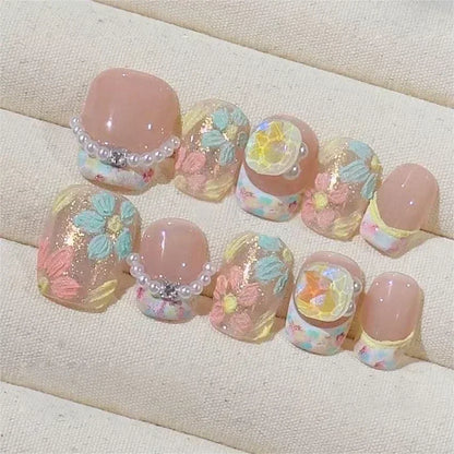 10 Pcs Pink Handmade Press-On Nails – Full Cover Bear & Heart Design with Rhinestones, Short Round Manicure Tips