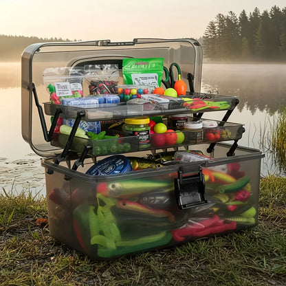 Large Capacity Fishing Gear Storage Box - Durable Black Transparent PE Tackle Organizer with Safety Lock