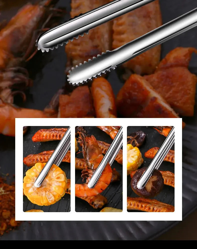 Stainless Steel Grill Tongs – Non-Slip Food Clip, BBQ Steak, Bread Tong, Cooking Utensils, Party Kitchen Gadgets
