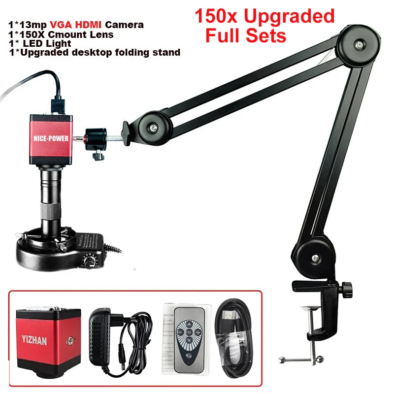 1080P 4K Industrial Microscope – 150X C-Mount Lens with 48MP/13MP Digital Camera, HDMI/USB-C/VGA for PCB Soldering & DIY