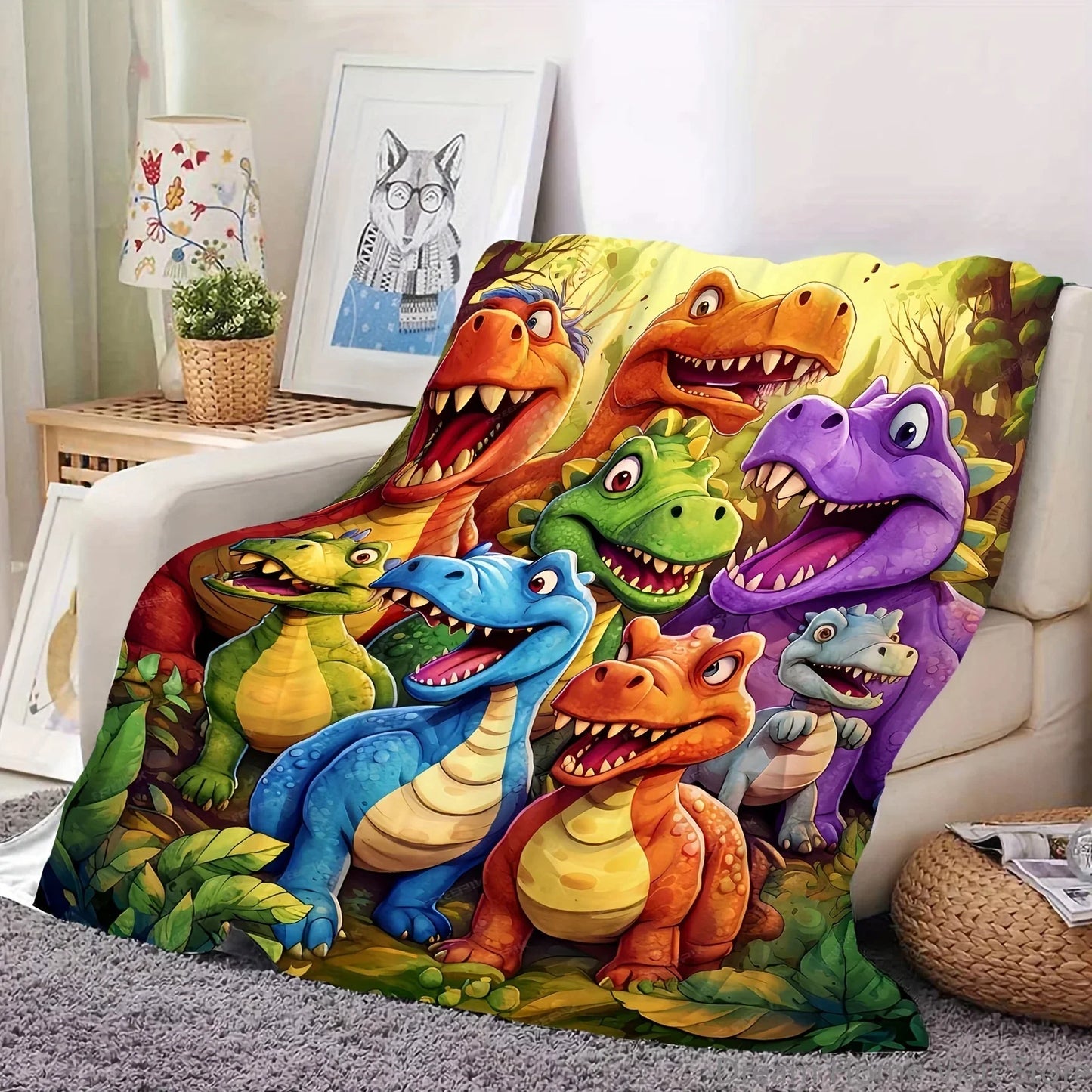 Flannel Throw Blanket – Cute Smiling Dinosaur HD Digital Print, Warm Blanket for Sofa, Bed, Office, Travel, and Camping