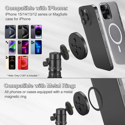 Magnetic Phone Holder for MagSafe with 1/4'' & 3/8'' Arri Holes Tripod Mount Adapter - Compatible with iPhone, Samsung, Huawei, Xiaomi Smartphones