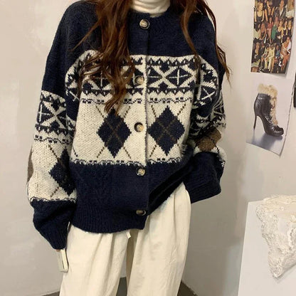 HELIAR Women’s Korean Patchwork Cardigan – Vintage Argyle Knit Sweater with Long Sleeves & Casual O-Neck