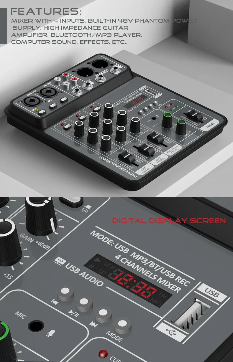 4-Channel Audio Mixer — USB Studio Mixer with 48V Phantom Power & Bluetooth for DJ & Karaoke
