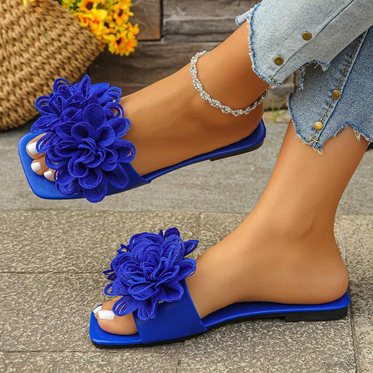 Women’s Crochet Flower Slide Sandals - Colorful Floral Slip-On Mules for Summer