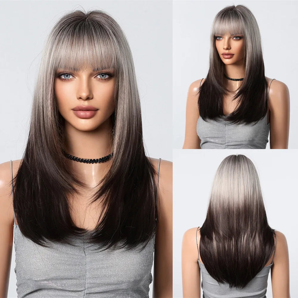 ALAN EATON Blonde Layered Synthetic Wig with Bangs – Long Straight Heat-Resistant Wig for Women & Girls, Natural Daily Hair