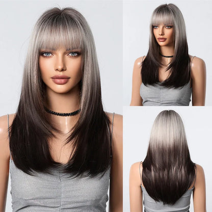 ALAN EATON Blonde Layered Synthetic Wig with Bangs – Long Straight Heat-Resistant Wig for Women & Girls, Natural Daily Hair