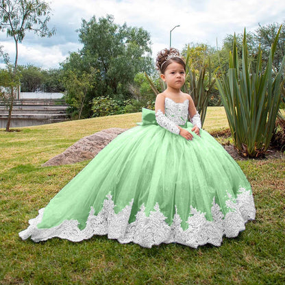 Flower Girl Wedding Dress - Long Sleeve Satin Bow Ball Gown for Toddlers & Girls