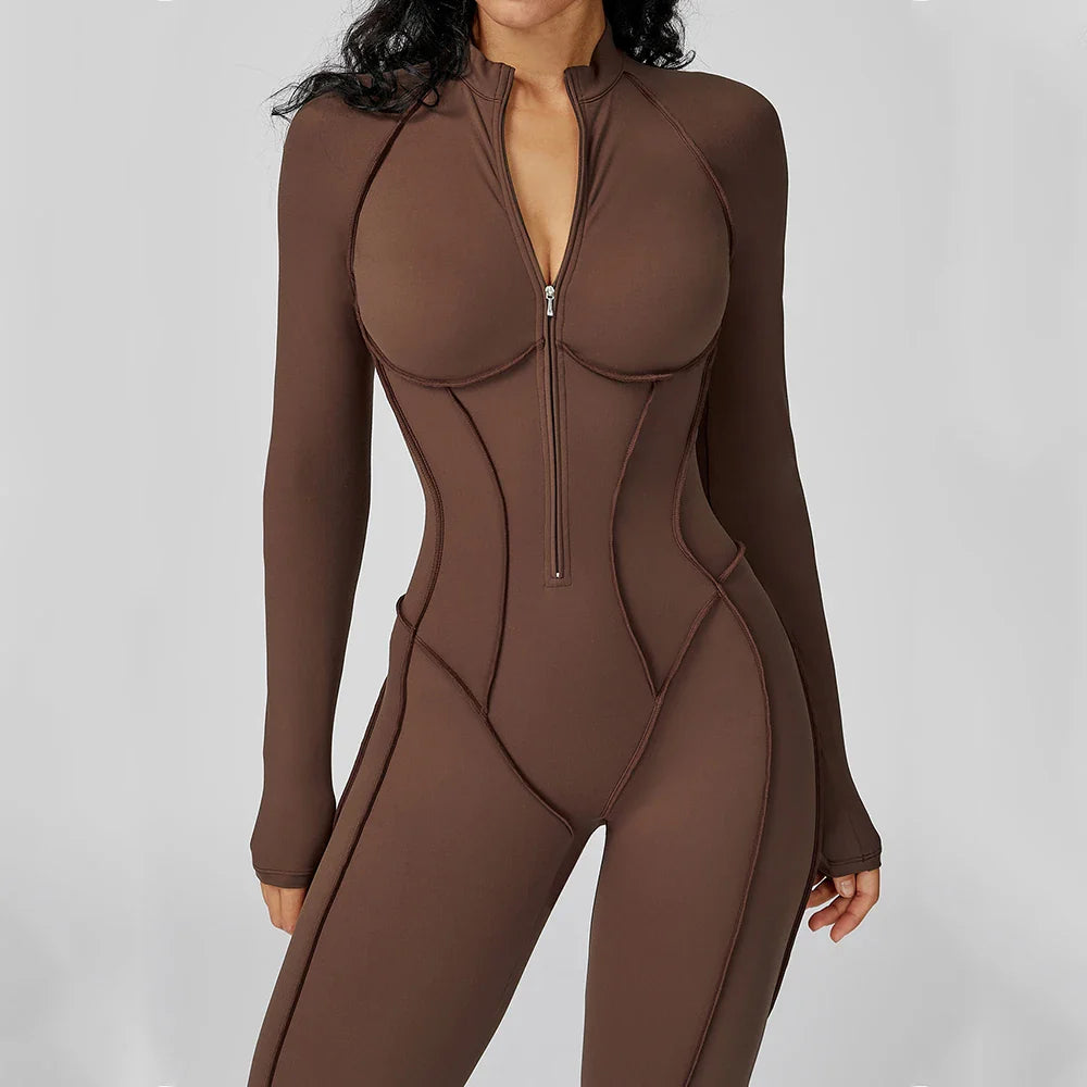 Women’s Long Sleeve Yoga Bodysuit Jumpsuit – Zip-Up Gym Tracksuit One-Piece Fitness Outfit for High-Intensity Workout & Training