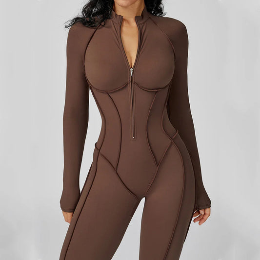 Women’s Long Sleeve Yoga Bodysuit Jumpsuit – Zip-Up Gym Tracksuit One-Piece Fitness Outfit for High-Intensity Workout & Training