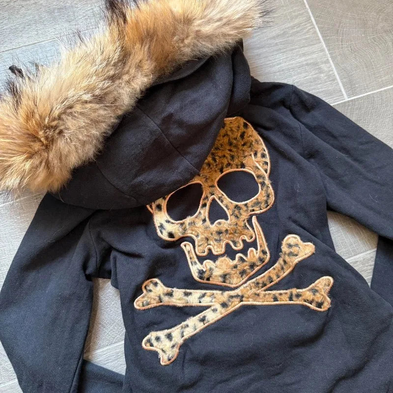 Y2K Harajuku Skull Embroidered Padded Coat - Vintage Hip Hop Faux Fur Collar Casual Couple Jacket