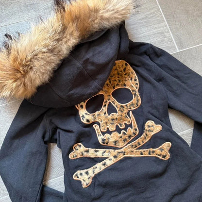 Y2K Harajuku Skull Embroidered Padded Coat - Vintage Hip Hop Faux Fur Collar Casual Couple Jacket