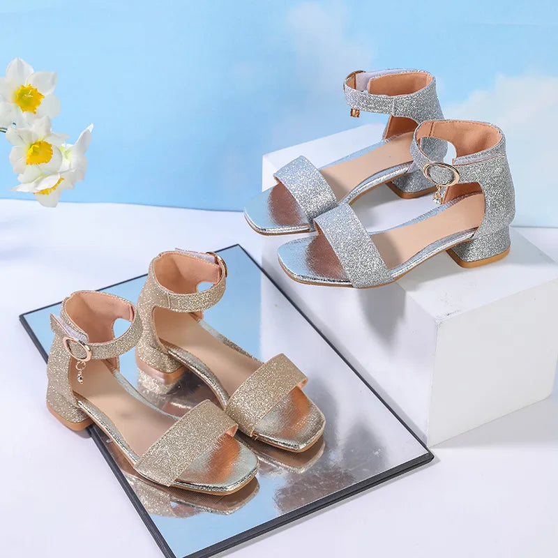 2025 Girls Princess Sandals - Silver Sequin Open-Toe High Heels for Children