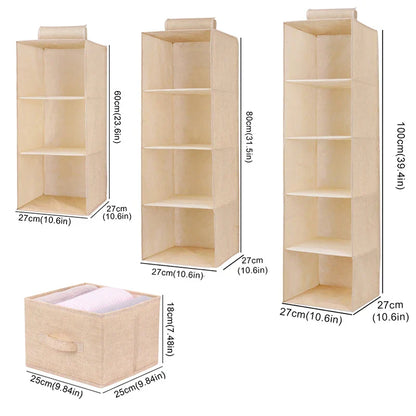 Cotton Linen Hanging Storage Bag with Drawers — Collapsible Wardrobe Organizer Box and Clothes Holder Shelves