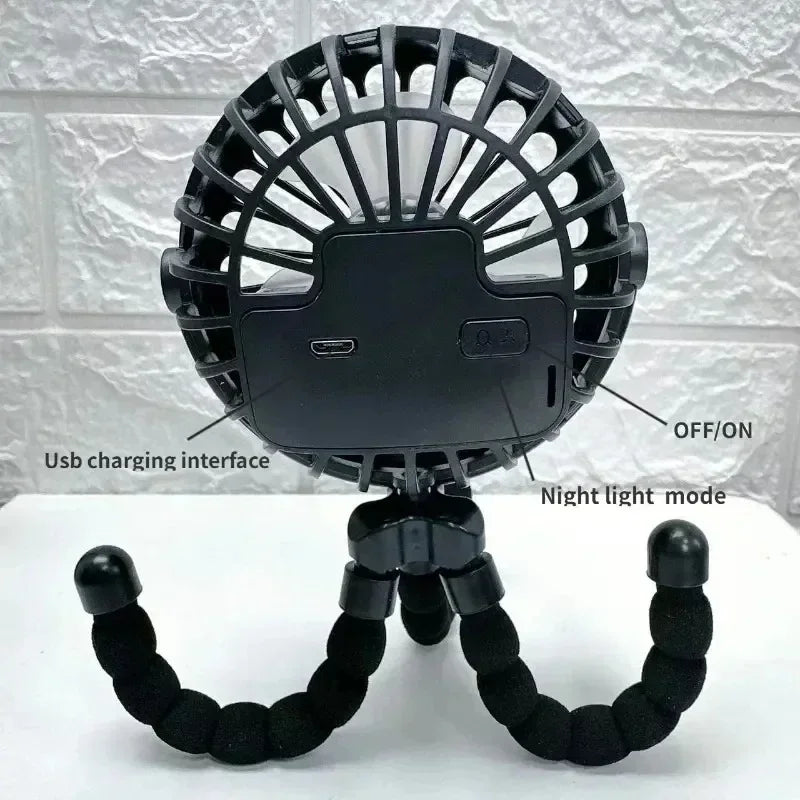 Mini Octopus Stroller Fan – Handheld USB Charging Bladeless Fan, Small Folding Silent Fan for Table, Outdoor, and Baby Use