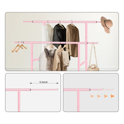 Pink Twin-Pole Rolling Clothes Rack with Net Shelf – Cute Metal Garment Rack, Strong Load-Bearing Storage