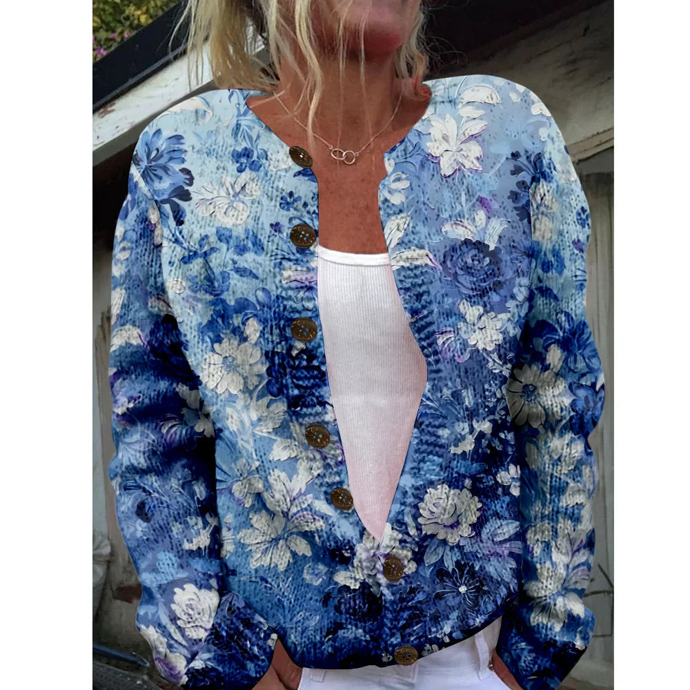 Women’s 3D Print Knitted Cardigan – Thin Vintage Sweater Autumn Winter Chic Knit Top Casual Streetwear