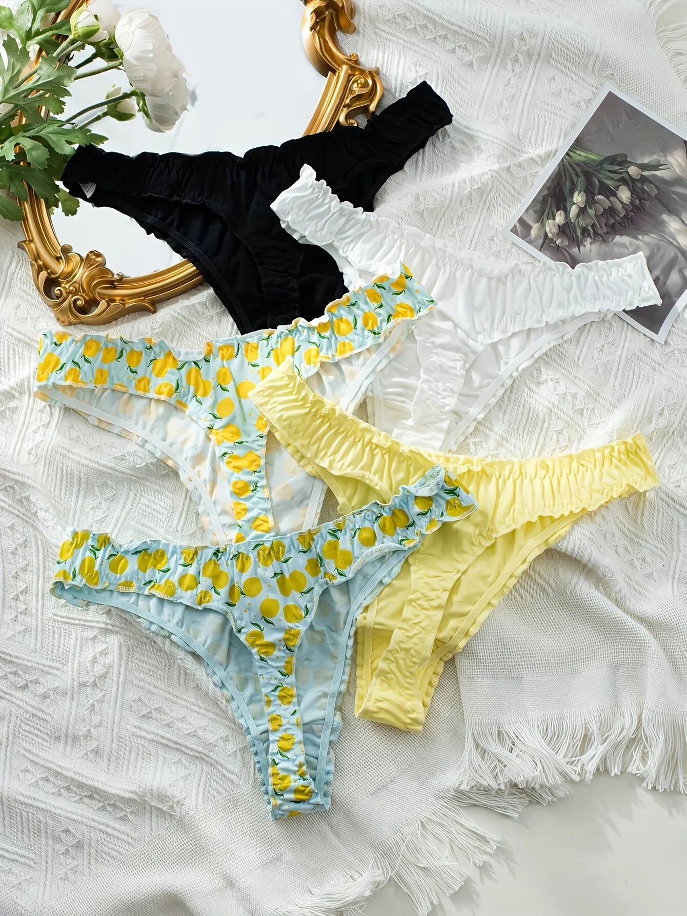5Pcs Women’s Cotton Ruffle Thong Set - Mixed Fruit Pattern Wrinkled Comfortable Soft Underwear