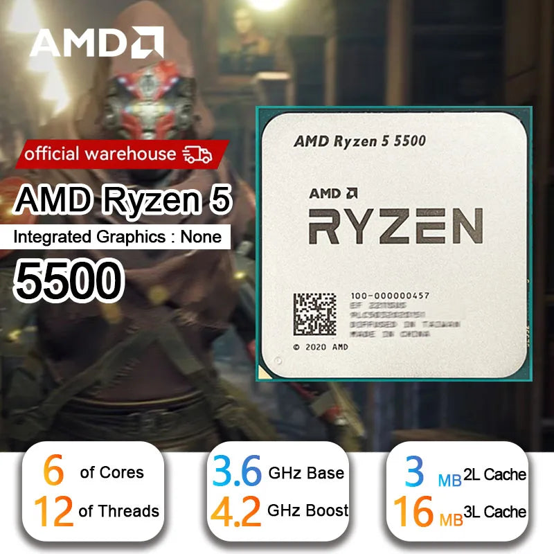 AMD Ryzen 5 5500 CPU Processor - 6-Core, 12-Thread, 3.6GHz, 16MB L3 Cache, 7NM, Socket AM4 (No Fan)